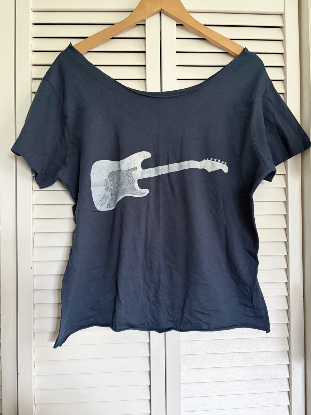 Off the Shoulder Navy Guitar Graphic Top